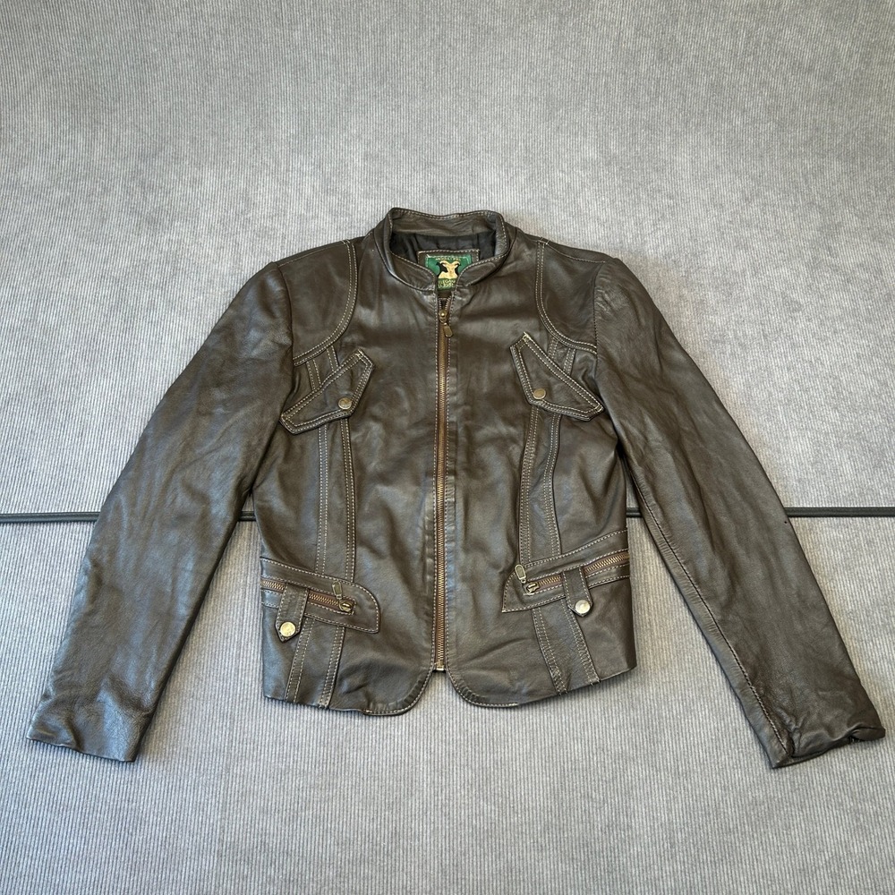 Moda Y Piel Leather Jacket Brown Contrast Stitch Cafe Racer Moto Full Zip Y2k